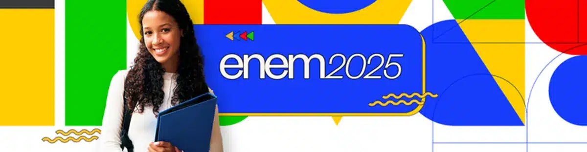 Estrutura das provas Jovem estudante sorridente com mochila e cadernos em fundo colorido do Enem 2025.