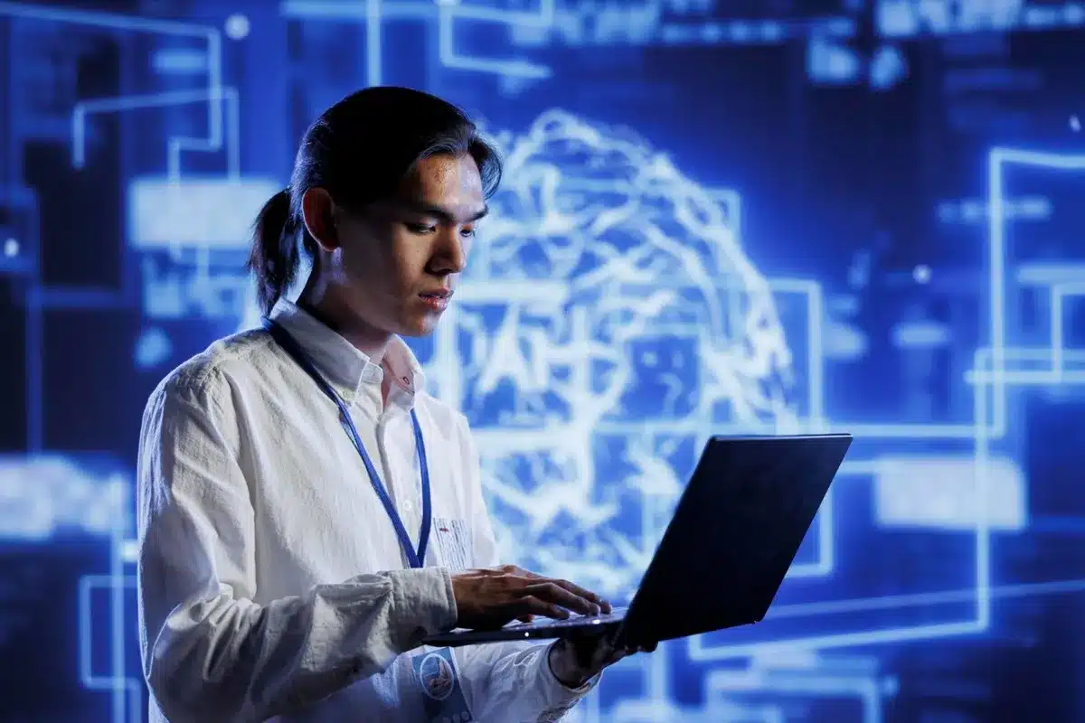 Especialista em Inteligência Artificial programando com laptop em um ambiente digital futurista.