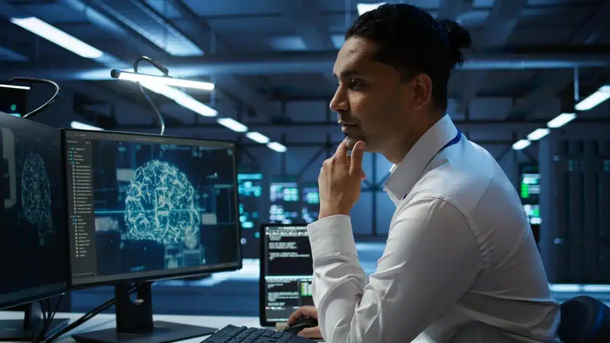 Principais habilidades de um especialista em Inteligência Artificial e Machine Learning. Especialista em Inteligência Artificial trabalhando em frente a dois monitores com gráficos digitais.