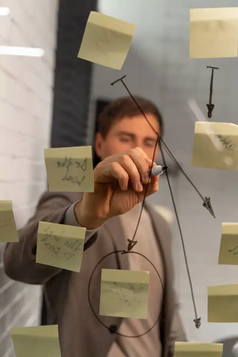 Estabeleça metas claras para aumentar sua produtividade. Pessoa organizando ideias e estabelecendo metas em um quadro com post-its para melhorar a produtividade.