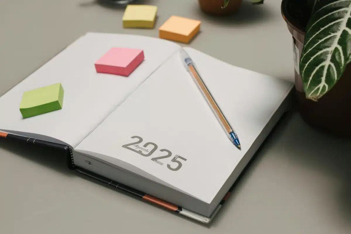 Agenda aberta com folhas em branco, caneta e blocos de notas coloridos em uma mesa.