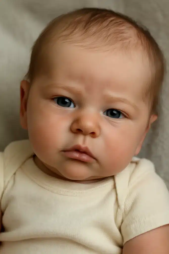 Bebê reborn com expressão natural e detalhes realistas Bebê reborn realista com expressão suave, usando roupa clara