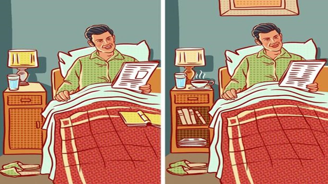 Desafio dos erros com uma ilustração de um homem lendo na cama com diferenças sutis entre duas imagens lado a lado, desafiando o observador a encontrar sete erros.