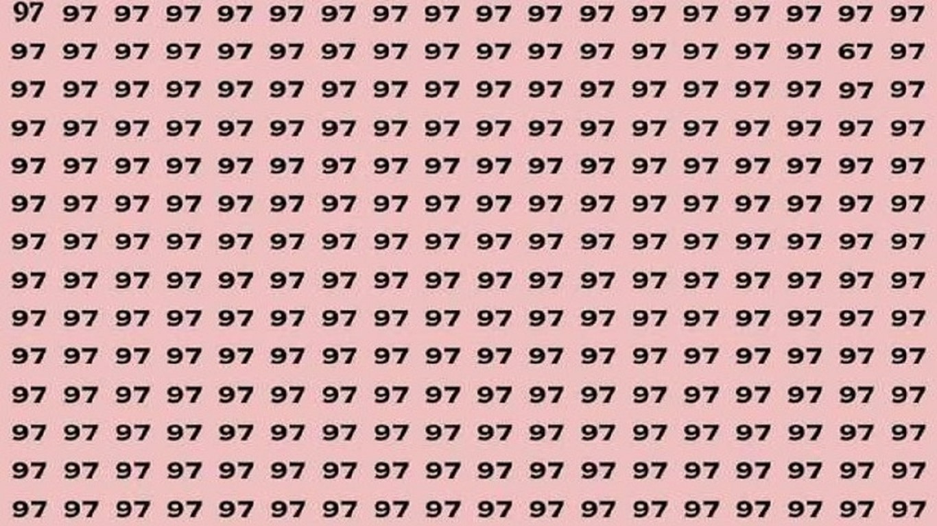 Desafio lógico com padrão repetido de números '97' em fundo rosa com um número '67' camuflado entre eles.