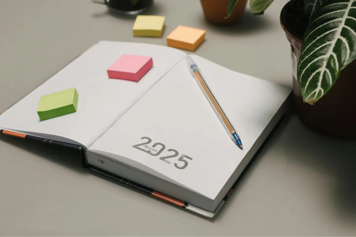 Agenda 2025 com post-its coloridos Agenda aberta com ano de 2025, post-its coloridos e uma caneta.