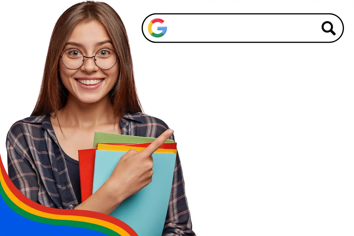 Jovem sorridente segurando pastas coloridas e apontando para uma barra de pesquisa.