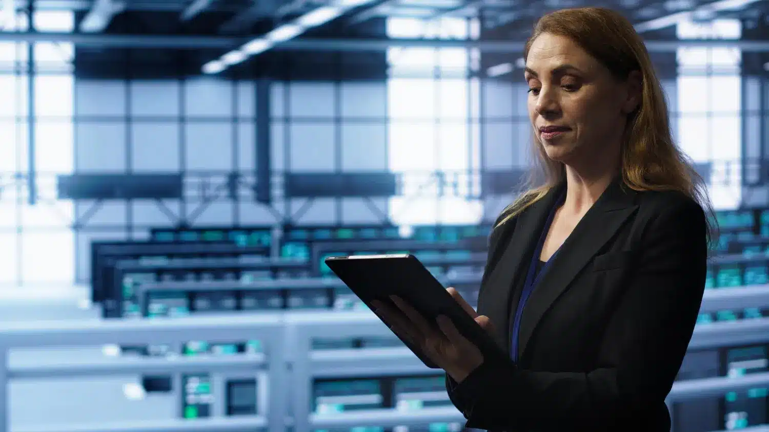 Mulher analisando dados em tablet em ambiente de data center corporativo