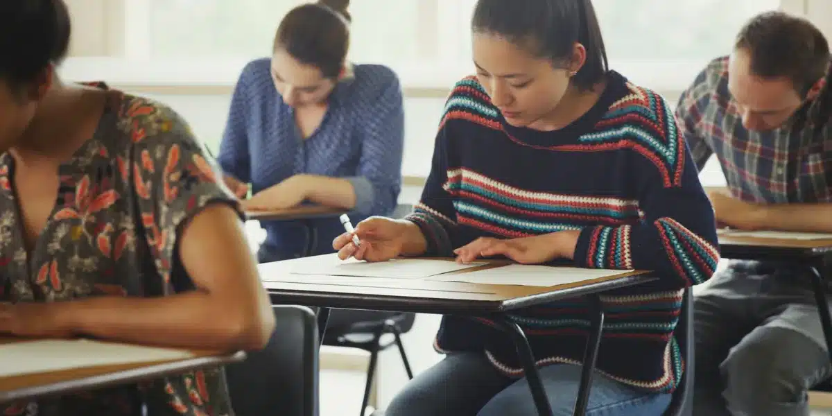 processo seletivo Imagem mostrando pessoas participando de uma prova em sala de aula, com foco em candidatos preenchendo papéis durante o processo seletivo.