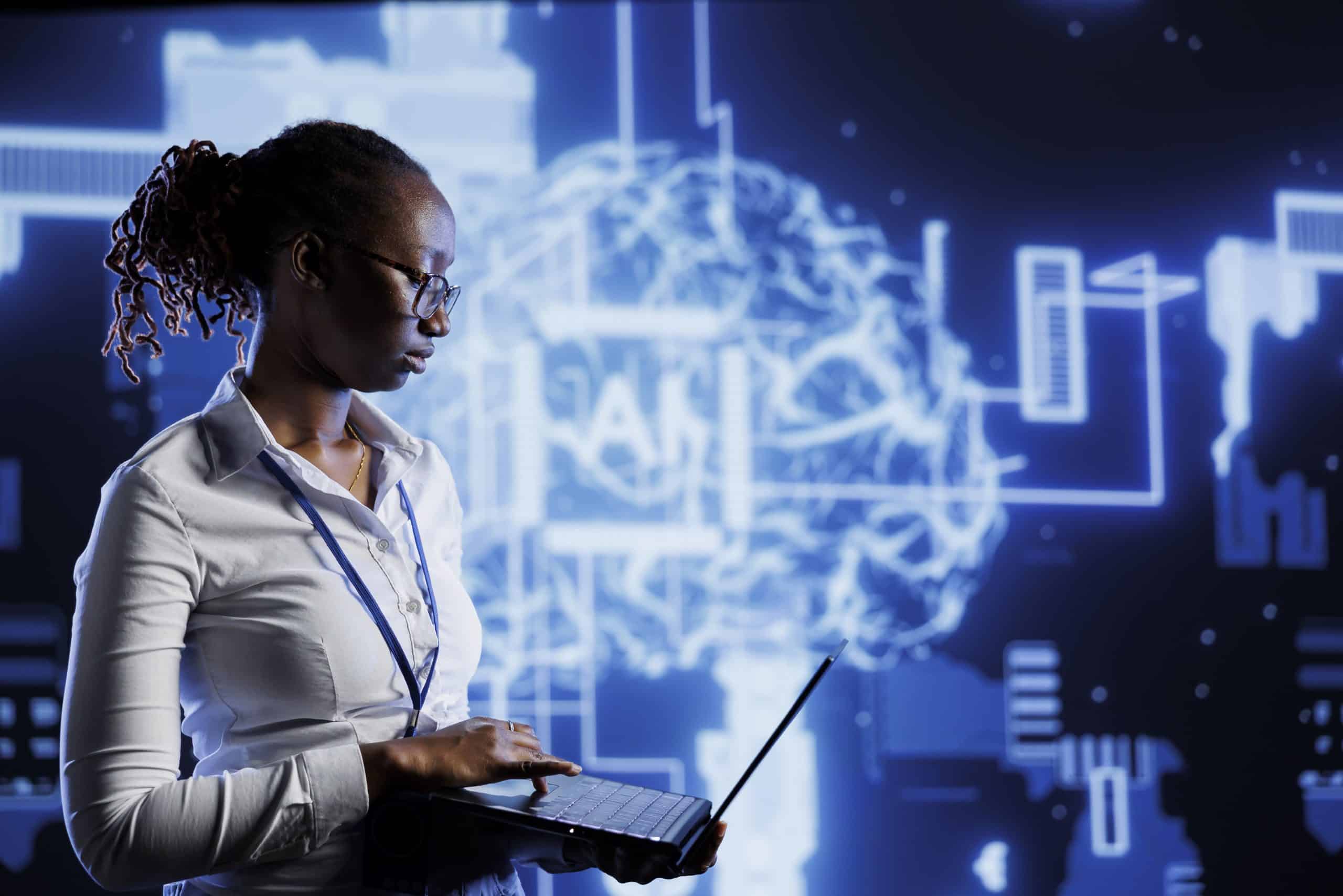 Mulher usando laptop com fundo digital representando inteligência artificial