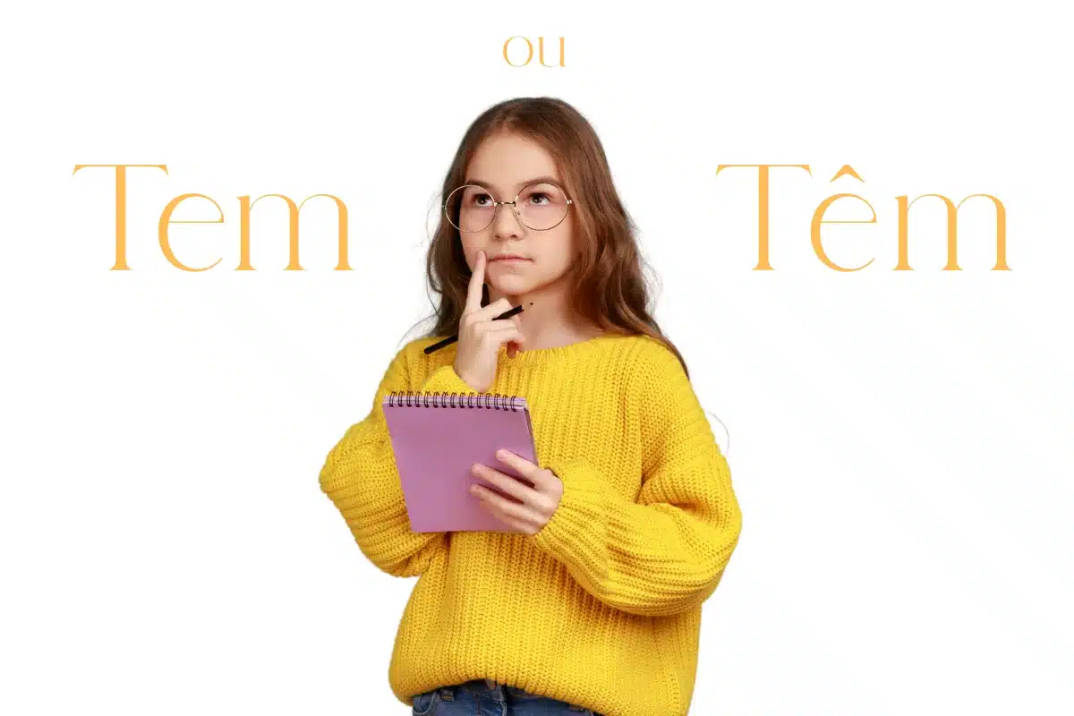 "Tem" ou "Têm" Menina pensando, com um caderno na mão, sobre a diferença entre 'tem' e 'têm',
