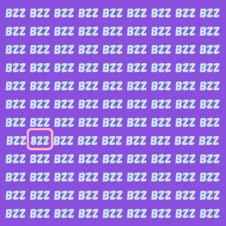 Desafio Visual: Encontre o Número 822 Solução do teste de QI: Imagem de teste de percepção visual com padrão "BZZ" e um número "822" escondido.