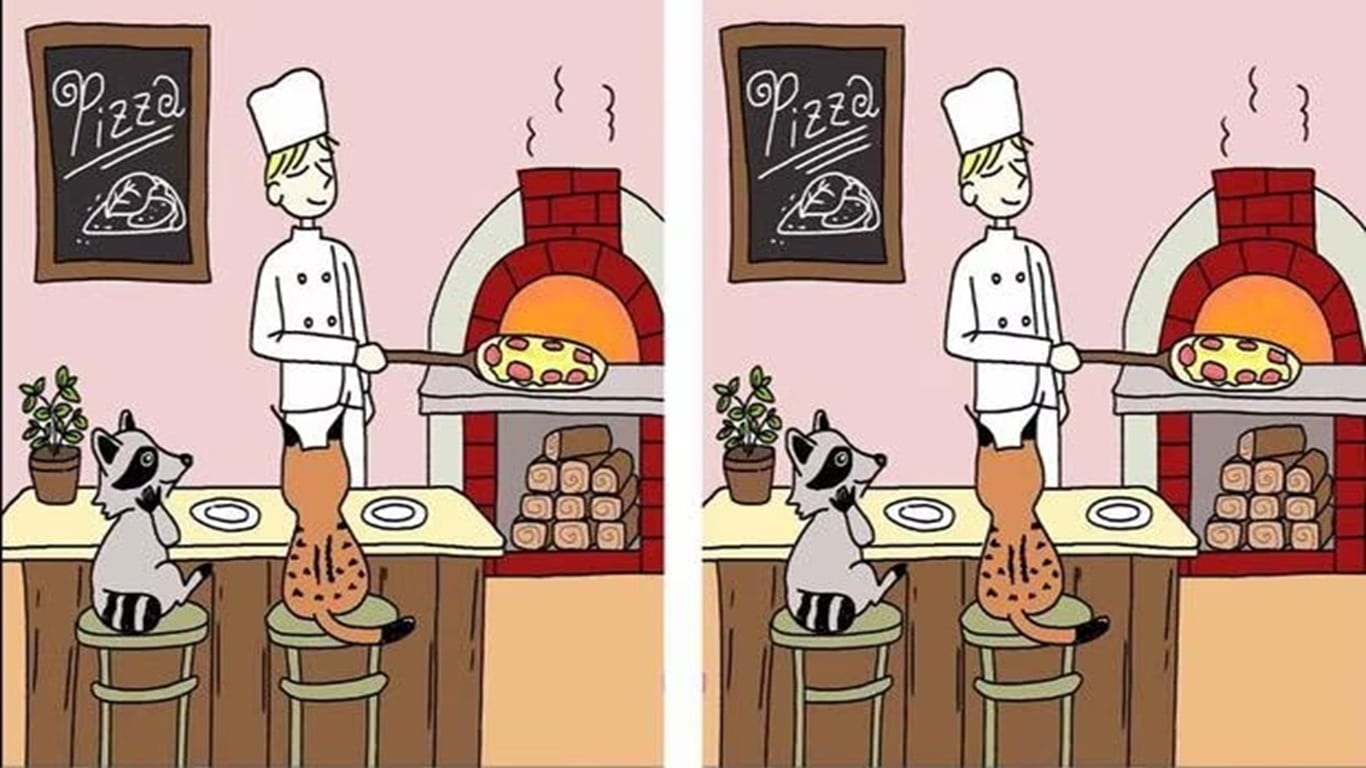 Teste de QI com desenho de um pizzaiolo servindo pizza para dois animais em um desafio visual de encontrar as diferenças.