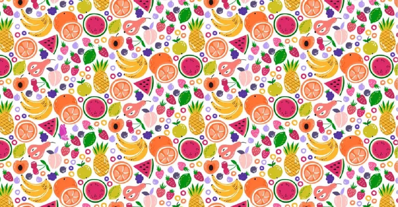 Teste visual com várias frutas como melancia, abacaxi, laranja, banana, maçã e flores, com uma borboleta escondida.