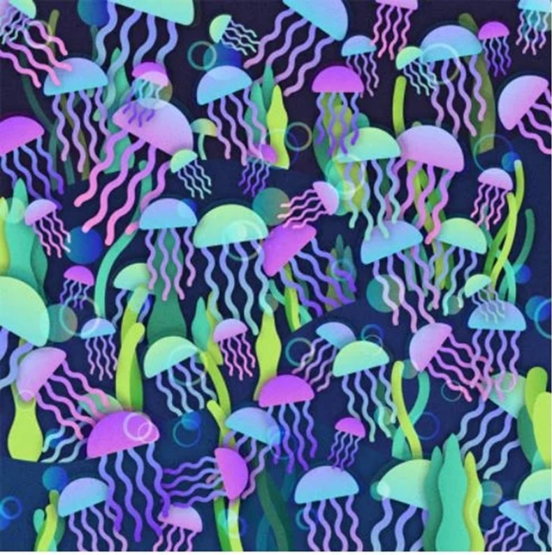 Descubra onde o cogumelo se escondeu entre as várias águas-vivas. Teste visual com imagem vibrante de várias águas-vivas coloridas flutuando em um fundo escuro e um cogumelo escondido entre as águas-vivas.