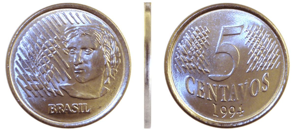 Moeda de 5 centavos do plano real de 1994 – anverso, reverso e lateral