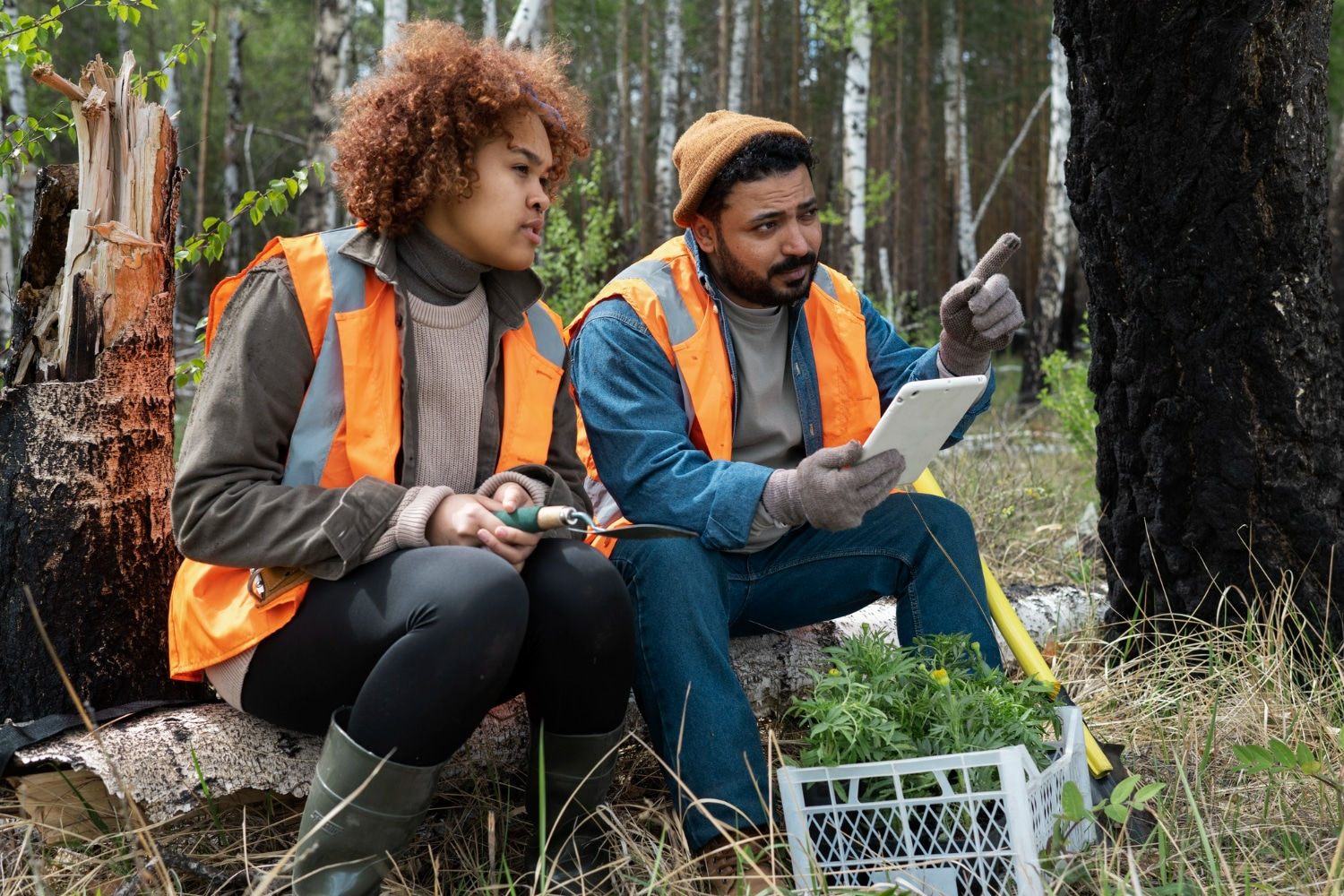 Profissionais da área de recursos naturais em campo, analisando dados em tablet enquanto discutem práticas sustentáveis no meio ambiente.