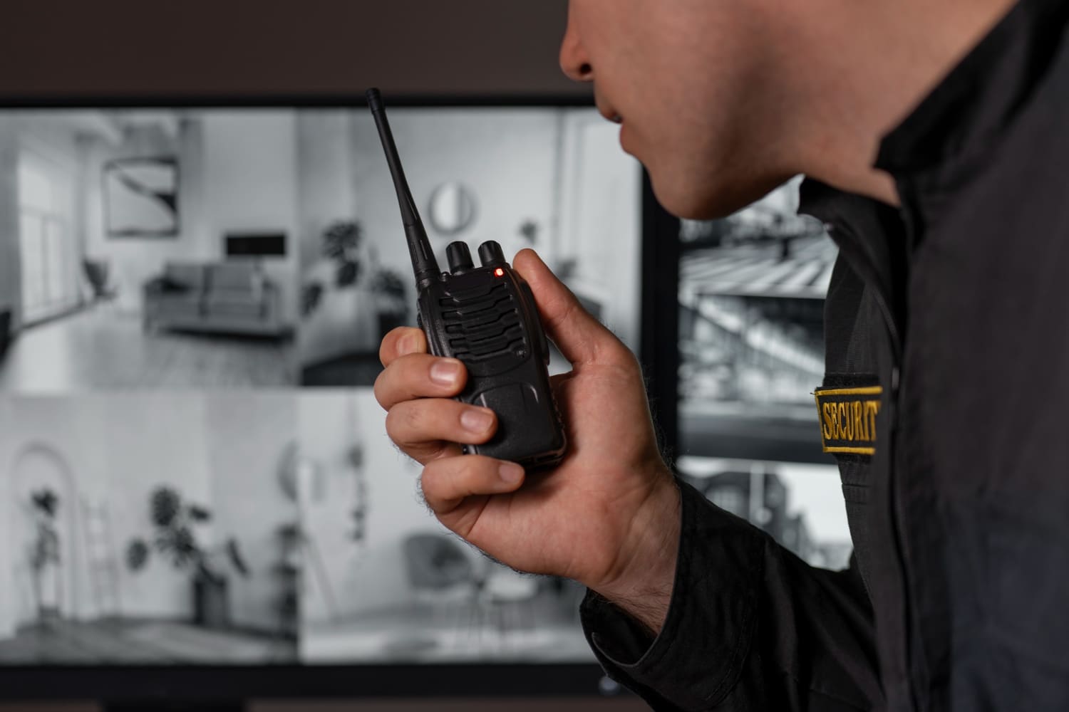 Vigia de segurança monitorando áreas através de rádio e câmeras de segurança, representando o cargo de vigia oferecido no concurso.