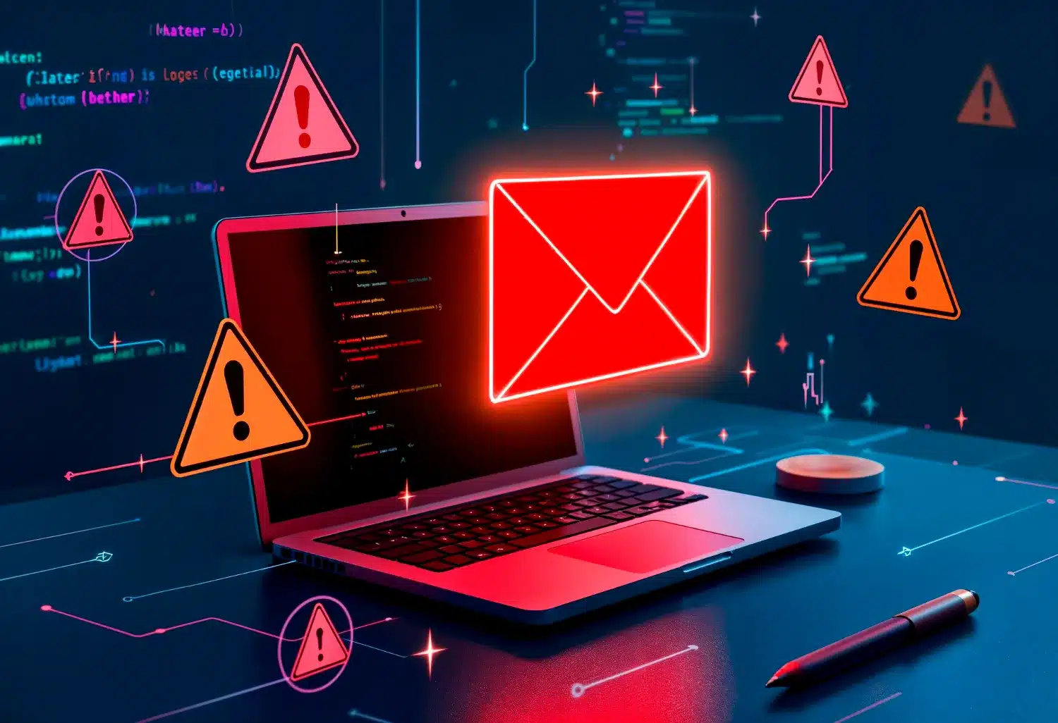 Imagem conceitual de alerta de golpe online, com ícones de aviso e e-mail, representando a ameaça de fraudes digitais. Imagem conceitual de alerta de golpe online, com ícones de aviso e e-mail, representando a ameaça de fraudes digitais.