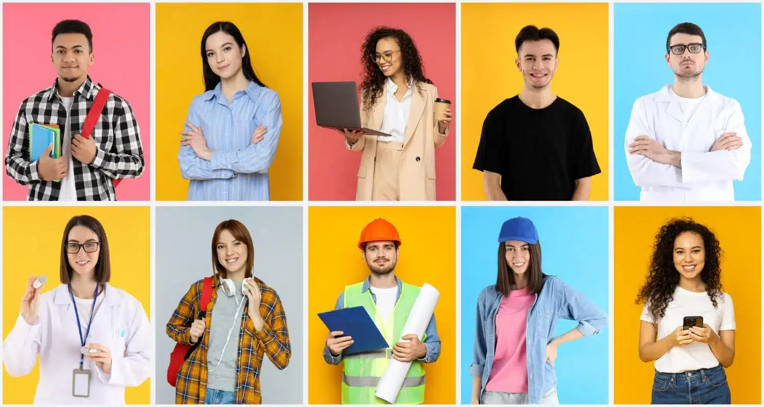 Jovens profissionais de diferentes áreas em um ambiente moderno e colorido, representando as profissões em alta para 2025.
