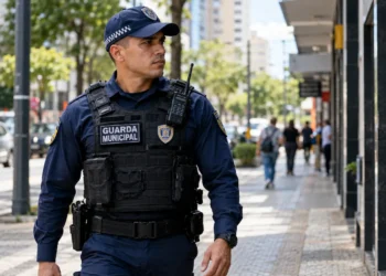 Guarda municipal uniformizado durante patrulhamento em uma rua.