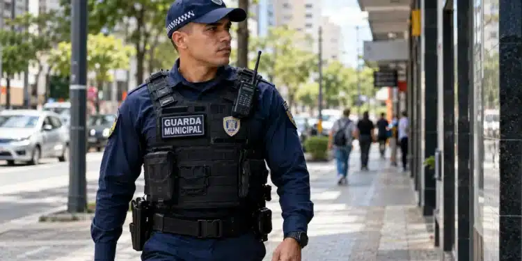 Guarda municipal uniformizado durante patrulhamento em uma rua.