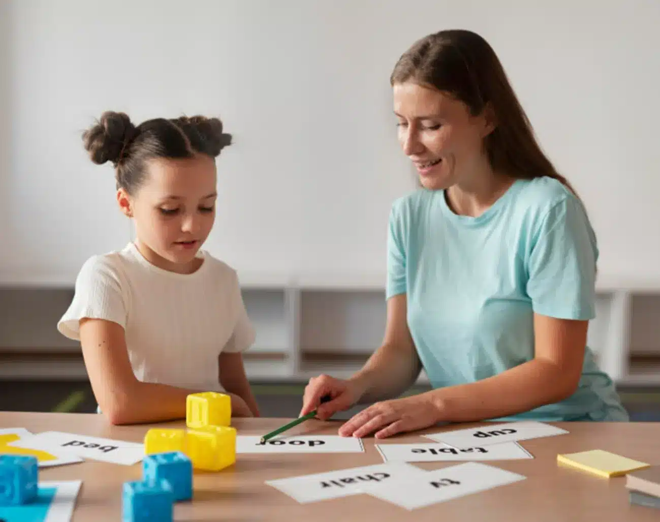 Estratégias para Melhorar a Memória no Aprendizado Infantil Professora e aluna praticando atividades de memória com blocos educativos e cartões.