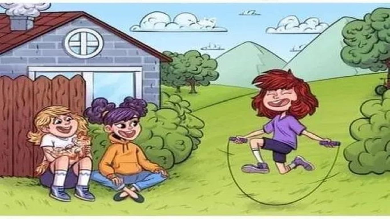 Desafio da percepção com três crianças brincando ao ar livre, com uma saltando corda enquanto as outras estão sentadas ao lado de uma cerca, perto de uma casa.