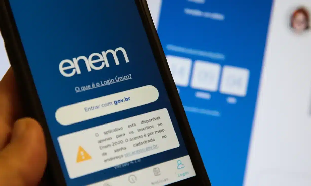 Tela do aplicativo do Enem 2025 com informações sobre o login único.