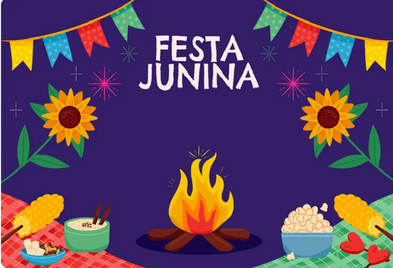 Decoração típica de festa junina com bandeirolas coloridas, fogueira e comidas tradicionais.
