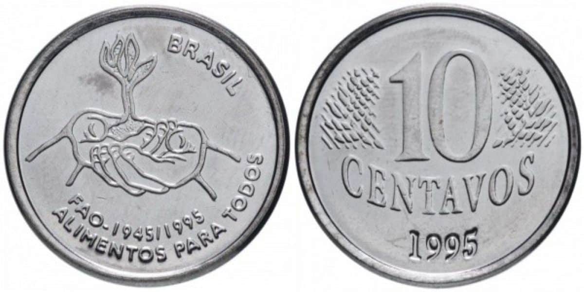 Moeda de 10 centavos FAO de 1995 com design comemorativo, com inscrição "FAL alimentos para todos".