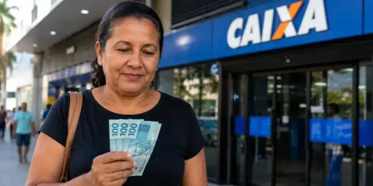 Mulher segura cédulas de reais ao sair de uma agência da Caixa, representando a solicitação do Saque Calamidade a partir de 28 de julho.