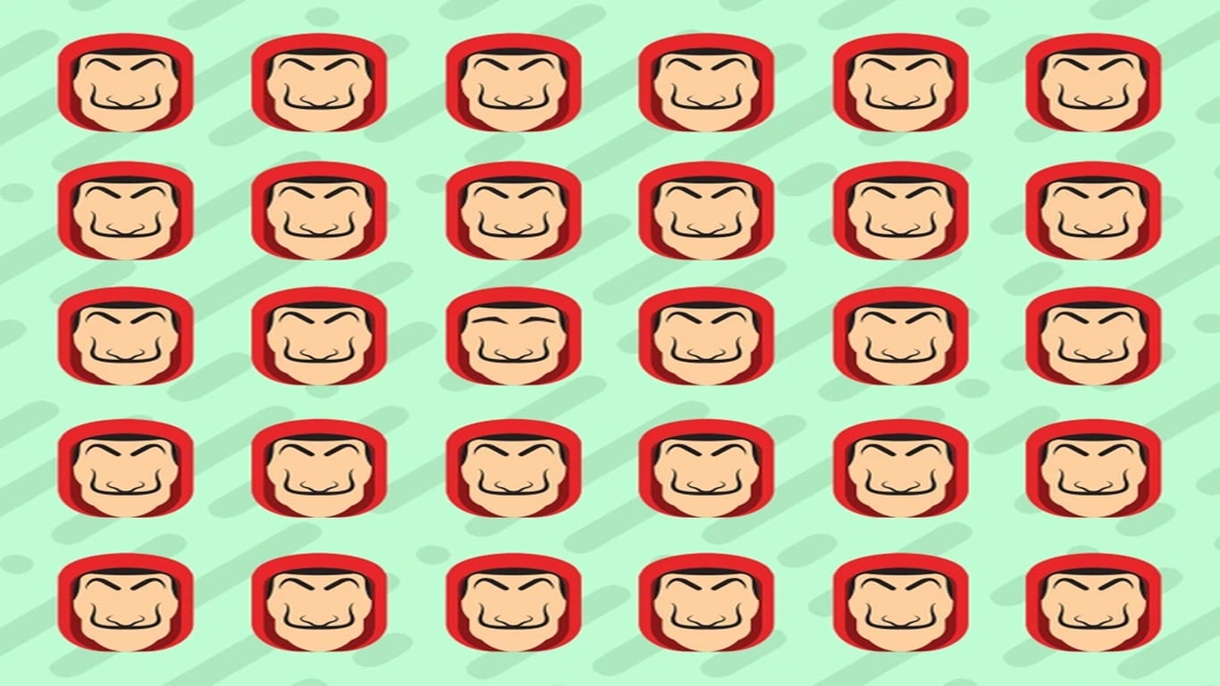 Desafio visual com rostos repetidos usando capuz vermelho; um rosto diferente entre eles.
