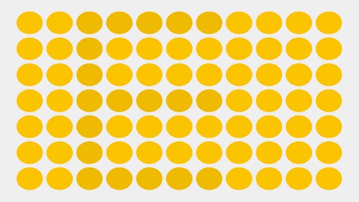 Teste de percepção com uma imagem composta por círculos amarelos dispostos em uma grade, criando um padrão repetitivo.