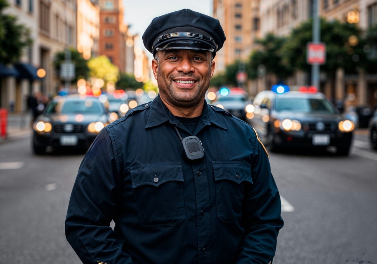 Guarda municipal experiente sorrindo em patrulhamento urbano demonstrando satisfação profissional