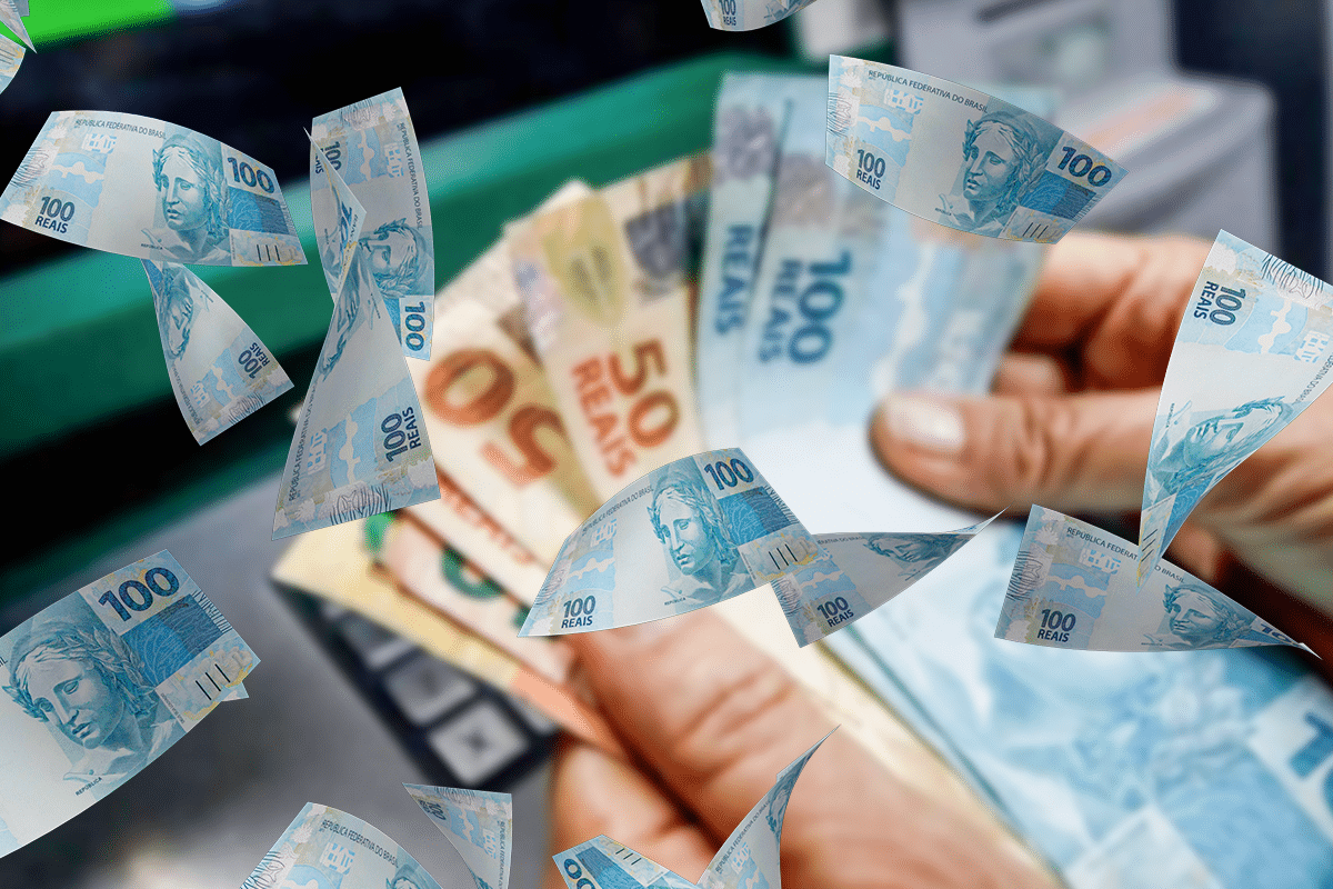 Notas de R$ 100 e R$ 50, simbolizando o pagamento especial de R$ 2.277 anunciado pela CAIXA.