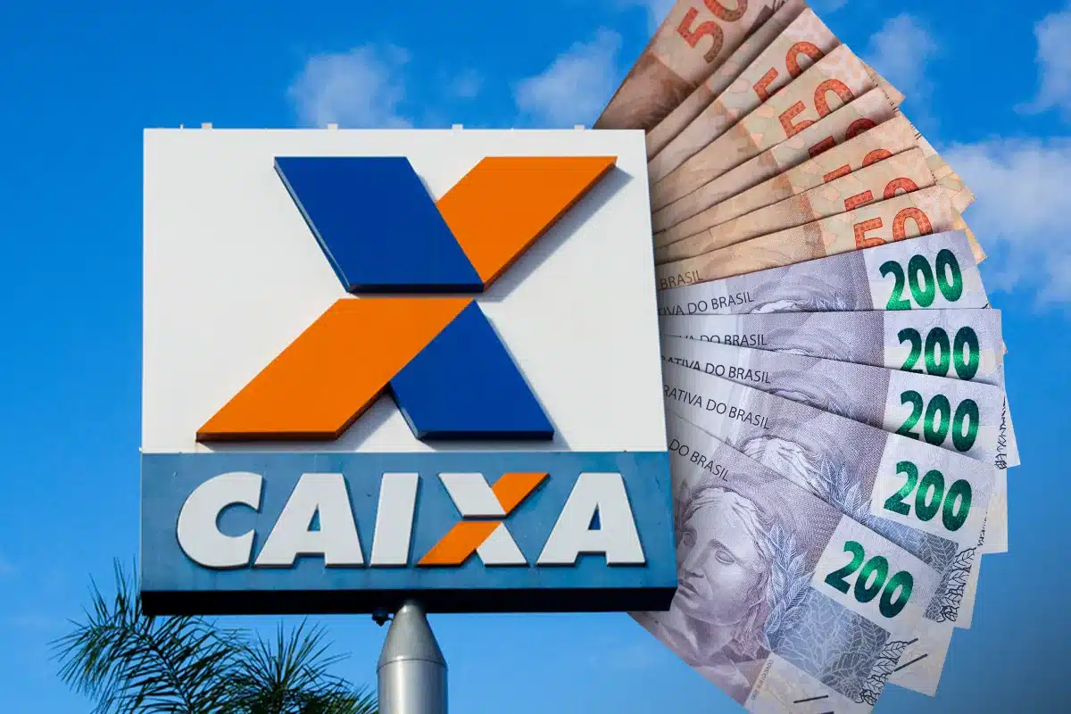 Logotipo da Caixa Econômica Federal com notas de R$ 50 e R$ 200, representando o pagamento do Pé-de-Meia e a expectativa de antecipação para 18 de agosto.