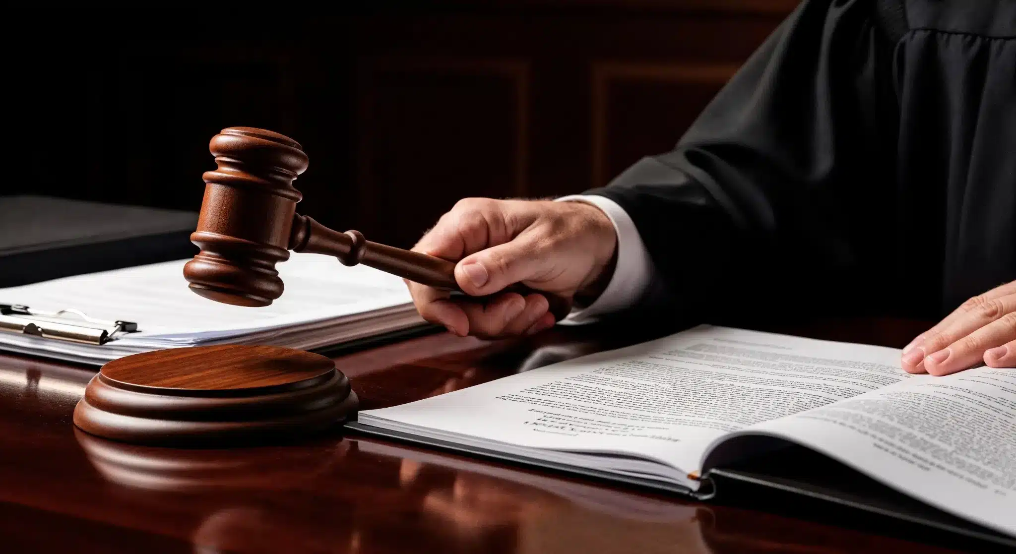 Imagem de um juiz segurando um martelo de juiz em uma sala de tribunal, simbolizando a profissão e suas responsabilidades no sistema judicial.