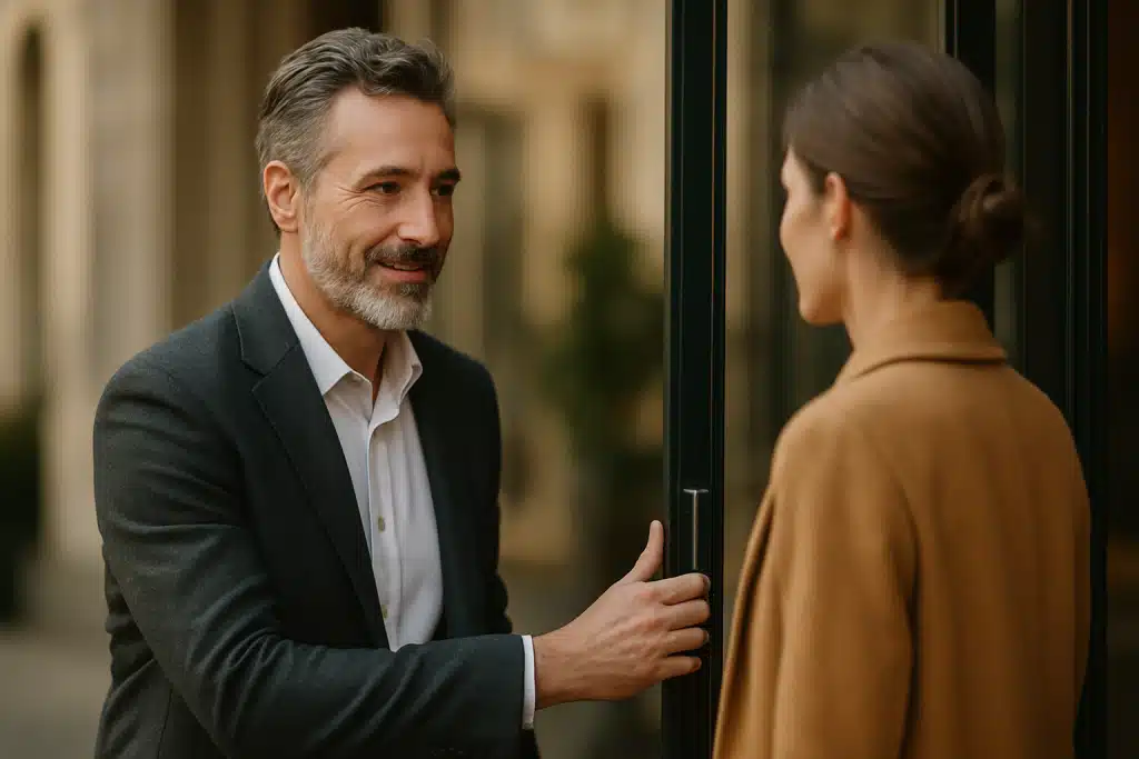 Homem cortês abrindo porta para uma mulher, demonstrando gentileza. Atitude de gentileza: abrindo a porta para outra pessoa.