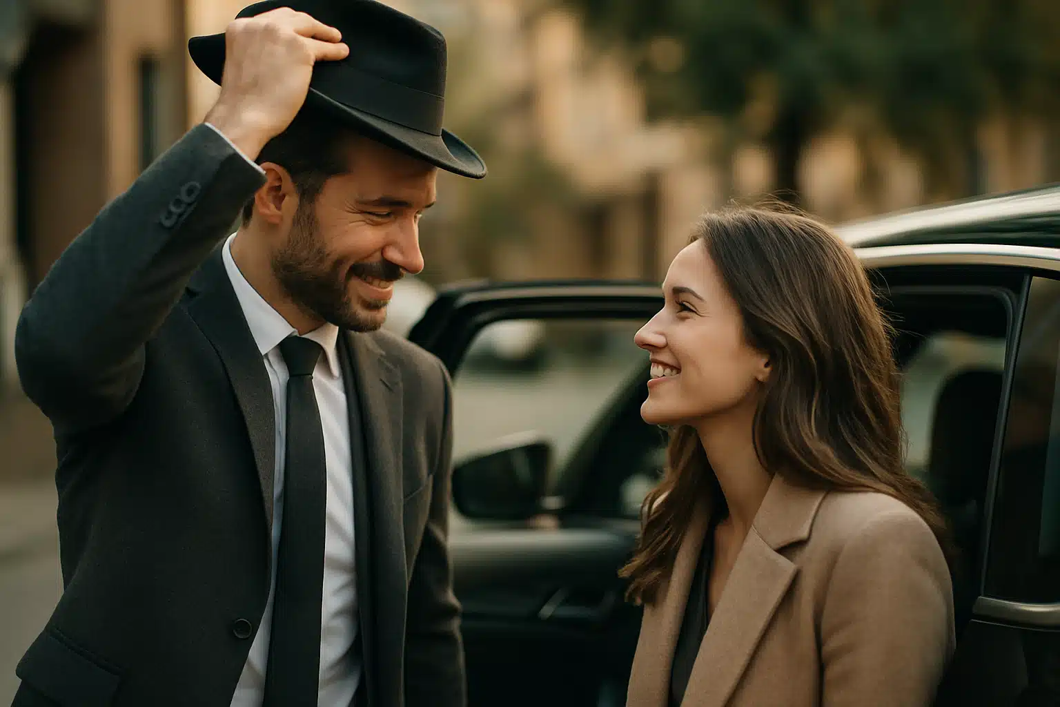 Casal elegante sorrindo, em um momento descontraído, com homem vestindo terno e chapéu.