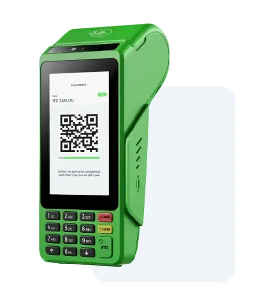 T3 Smart – Plano Ton Pro Maquininha T3 Smart em verde exibindo pagamento via QR Code.