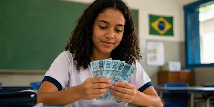 Estudante segurando notas de real em sala de aula, representando os pagamentos do programa Pé-de-Meia em agosto