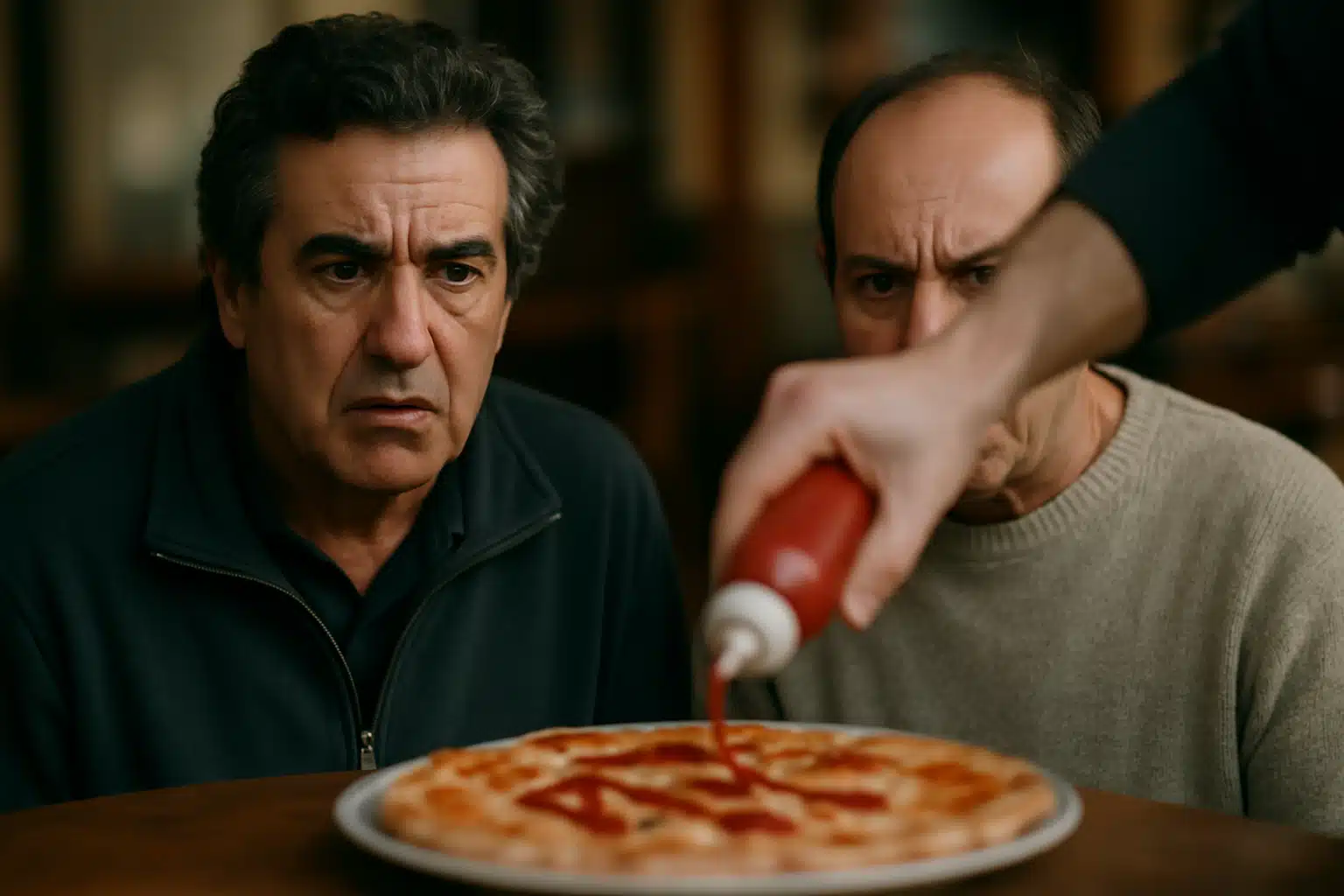 Dois homens observam surpresos enquanto ketchup é colocado sobre uma pizza.