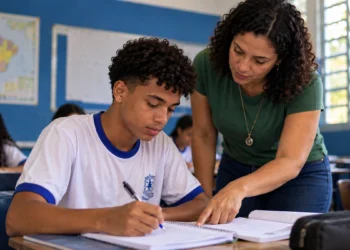 Professor orienta estudante em sala de aula, representando a regra de frequência mínima de 80% do Pé-de-Meia para receber o pagamento mensal.