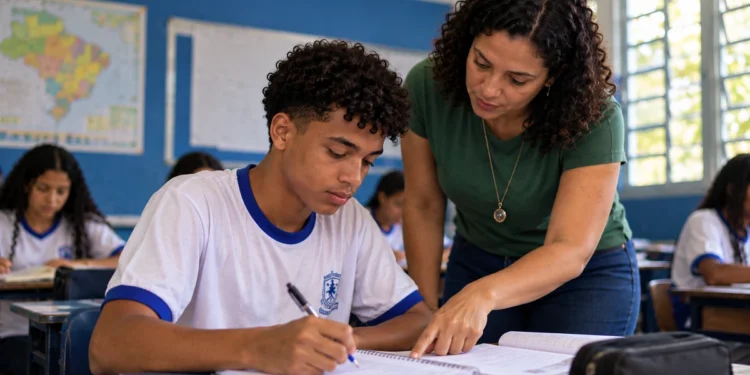 Professor orienta estudante em sala de aula, representando a regra de frequência mínima de 80% do Pé-de-Meia para receber o pagamento mensal.