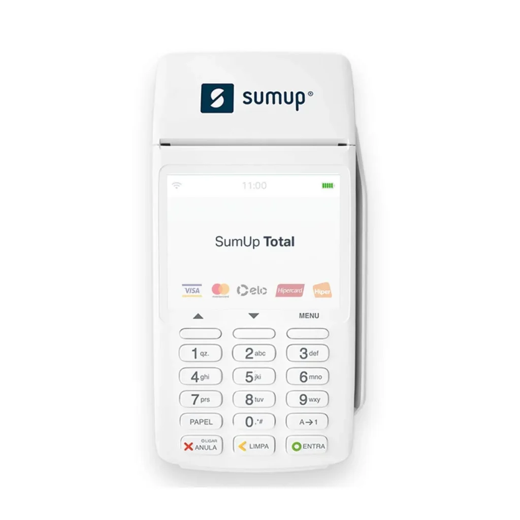 SumUp Total Maquininha SumUp Total com tela exibindo logo e opções de bandeiras de cartões.