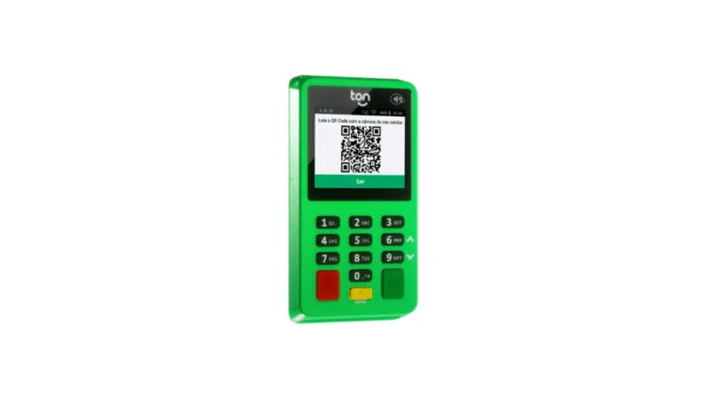 T2 – Plano Ton Pro Maquininha T2 – Plano Ton Pro na cor verde com tela exibindo QR Code para pagamento.