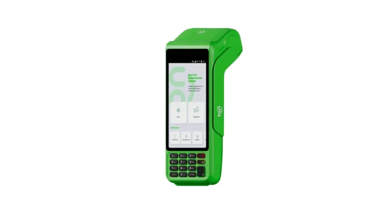 T3 – Plano Ton Pro Maquininha T3 – Plano Ton Pro na cor verde com tela digital exibindo opções de pagamento.
