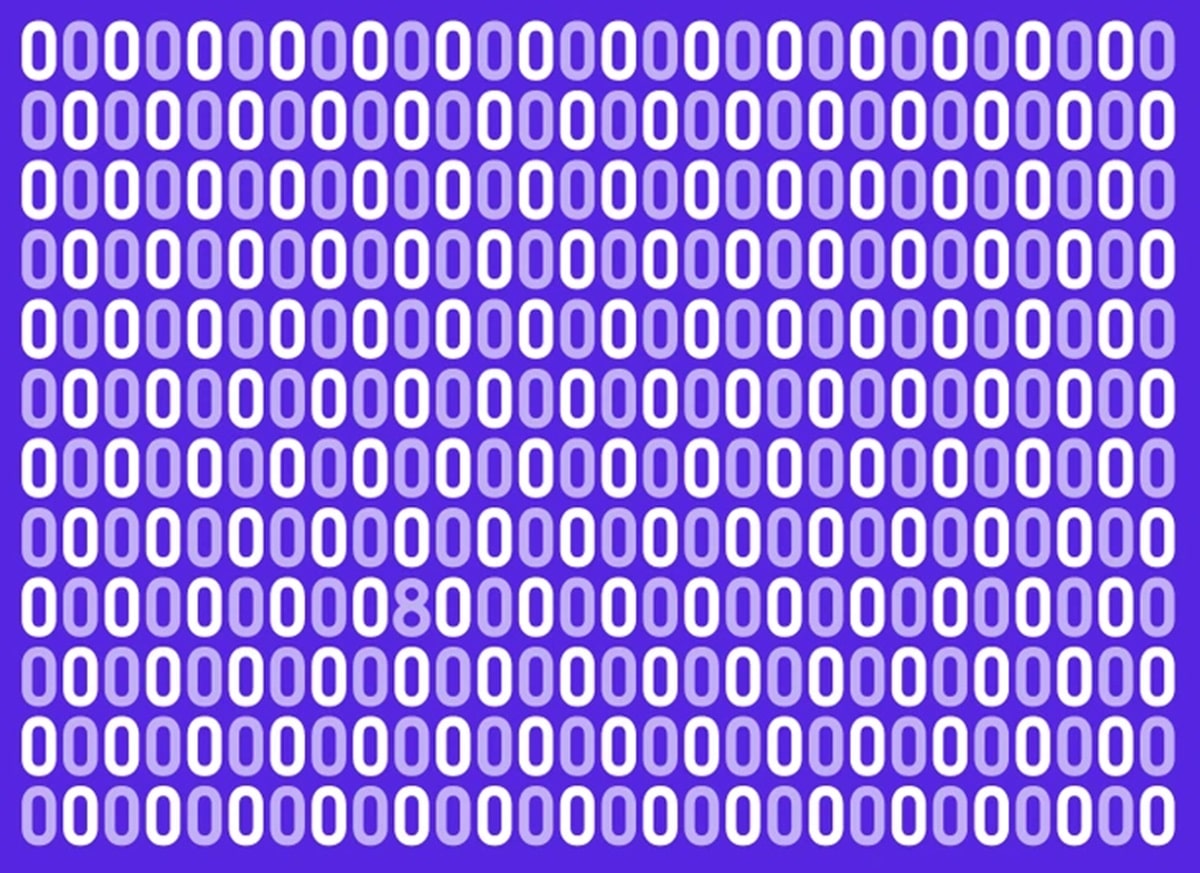 Teste de QI imagem com vários zeros e um único número 8 escondido entre eles, fundo roxo