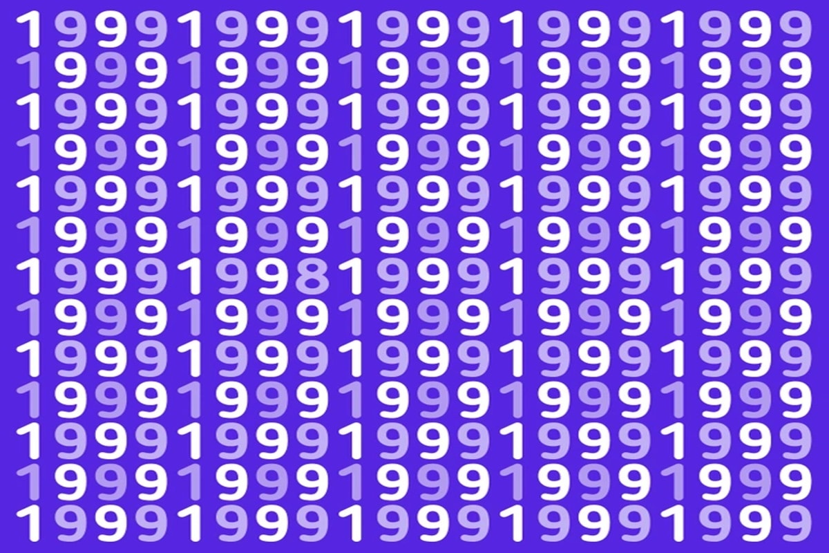 Teste de QI com vários números 1991 em roxo e branco, com um número diferente escondido.