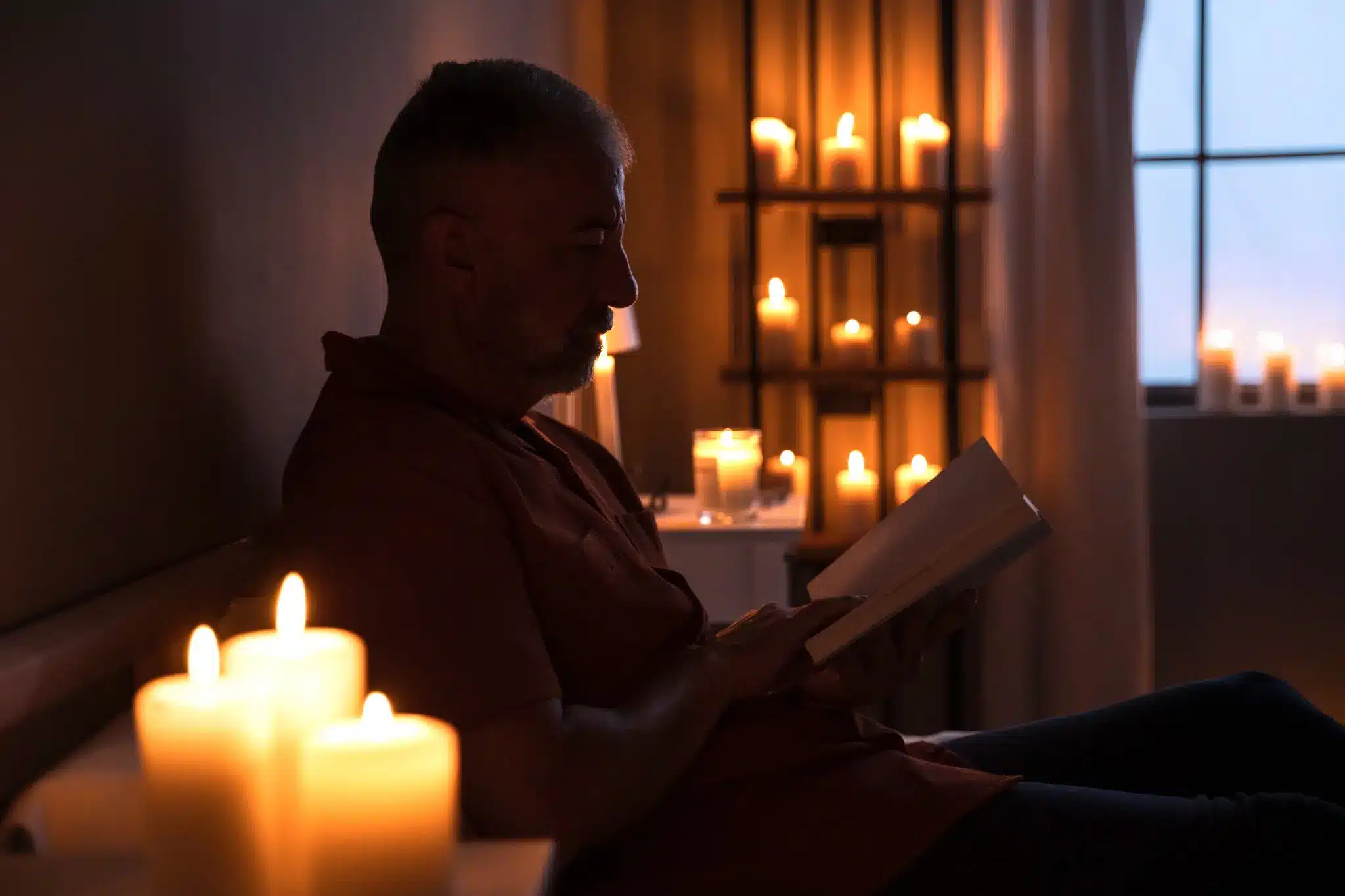 Leitura Noturna Homem lendo um livro em um ambiente tranquilo e iluminado por velas à noite, destacando a importância da leitura noturna para o aprendizado.